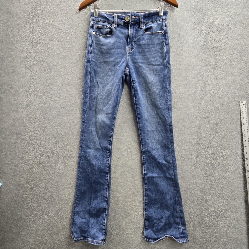 American Eagle Outfitters Women Jeans 2 Blue Hi Rise Flare Denim Embroidered